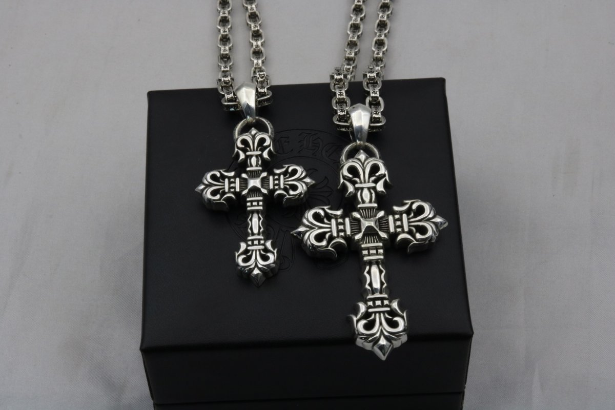 Chrome Hearts Ornate Flamed Cross Pendant Necklace Silver