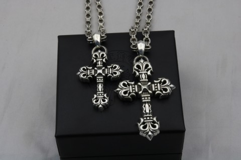 Chrome Hearts Ornate Flamed Cross Pendant Necklace Silver