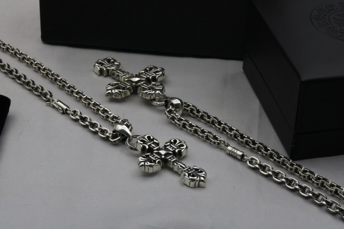 Chrome Hearts Ornate Flamed Cross Pendant Necklace Silver view