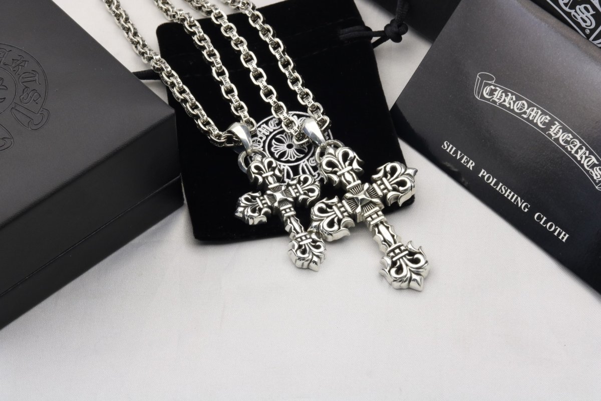 Chrome Hearts Ornate Flamed Cross Pendant Necklace Silver view