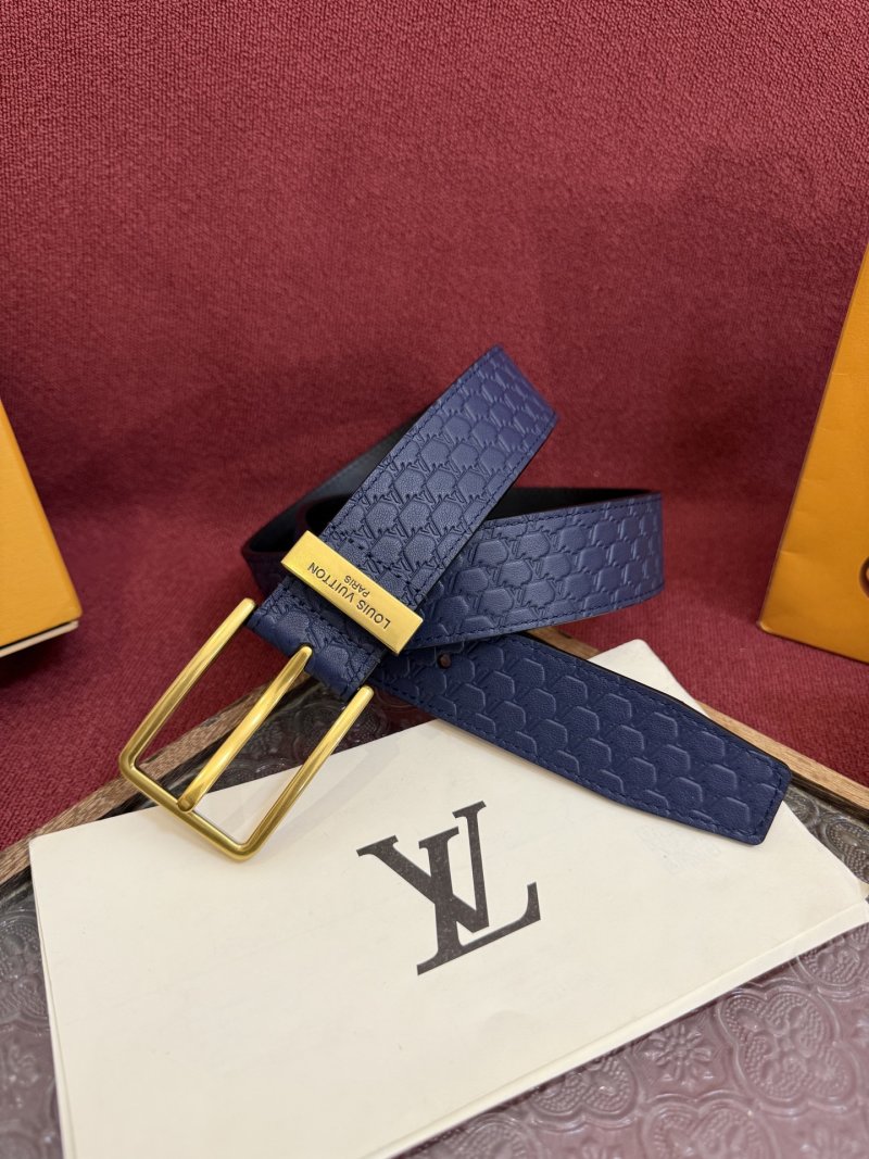 Louis Vuitton Monogram Embossed Navy Leather Belt with Gold Buckle