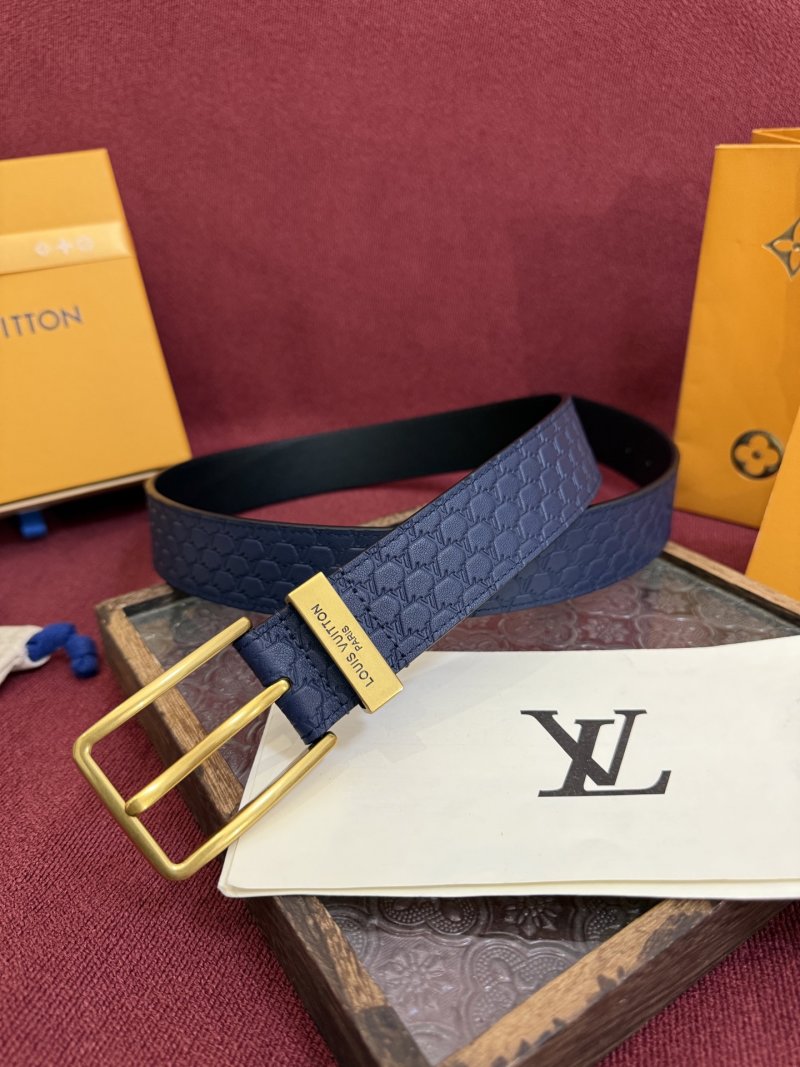 Louis Vuitton Monogram Embossed Navy Leather Belt with Gold Buckle view