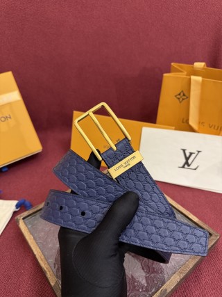 Louis Vuitton Monogram Embossed Navy Leather Belt with Gold Buckle view 3