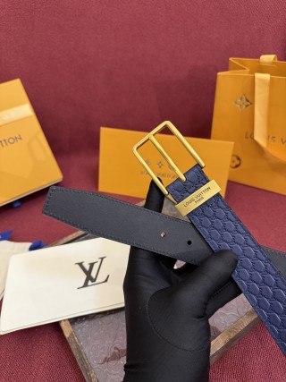 Louis Vuitton Monogram Embossed Navy Leather Belt with Gold Buckle view 4