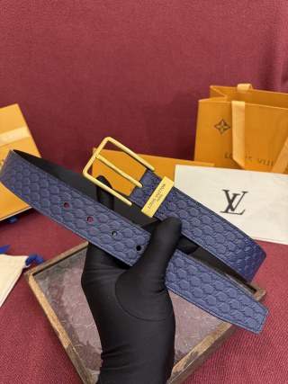Louis Vuitton Monogram Embossed Navy Leather Belt with Gold Buckle view 6