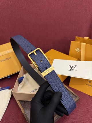 Louis Vuitton Monogram Embossed Navy Leather Belt with Gold Buckle view 7