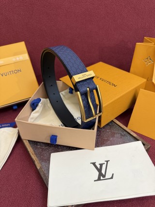 Louis Vuitton Monogram Embossed Navy Leather Belt with Gold Buckle view 8