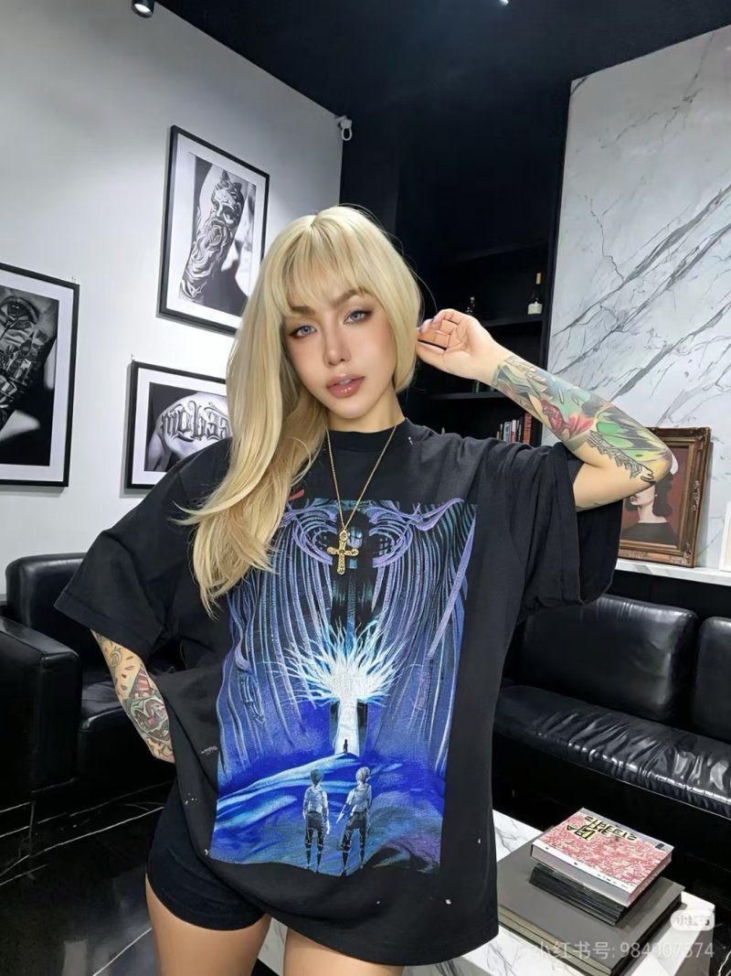 Black Graphic Print T-Shirt with Blue Angel Wings Design