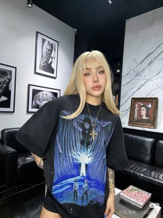 Black Graphic Print T-Shirt with Blue Angel Wings Design view 5