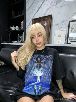 Black Graphic Print T-Shirt with Blue Angel Wings Design view 8