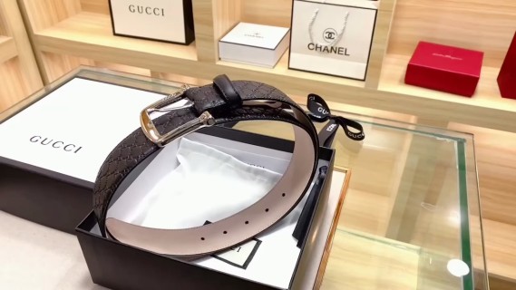 Gucci GG Monogram Black Leather Belt with Silver Buckle