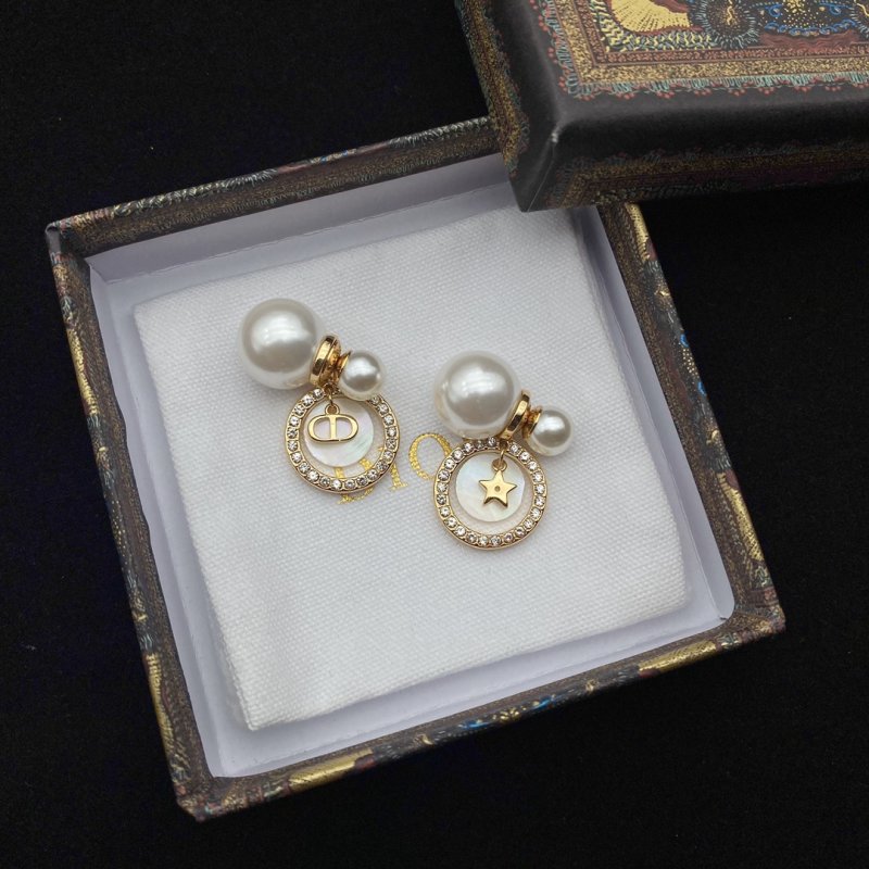 Dior CD Star White Pearl Drop Earrings Gold