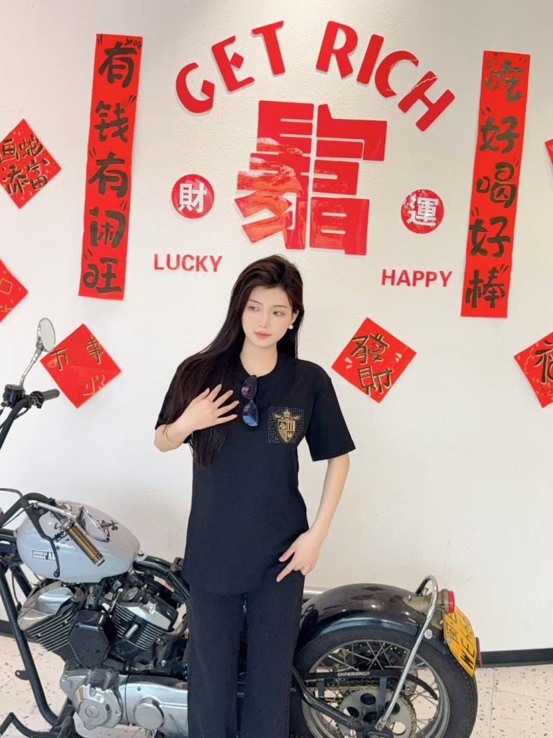 Black Short Sleeve Tee with Gold Crest Embroidery