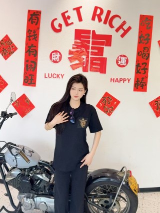 Black Short Sleeve Tee with Gold Crest Embroidery