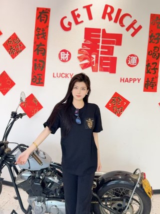 Black Short Sleeve Tee with Gold Crest Embroidery view 3