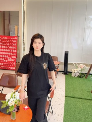 Black Short Sleeve Tee with Gold Crest Embroidery view 5