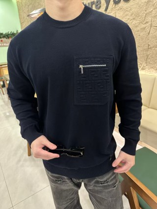 Fendi Navy Crewneck Sweater with Zipped Pocket