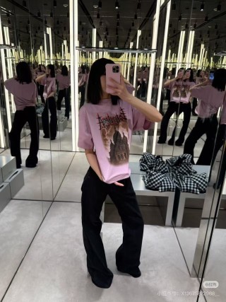 Pink Graphic Crop T-Shirt with Dark Print Detail view 2