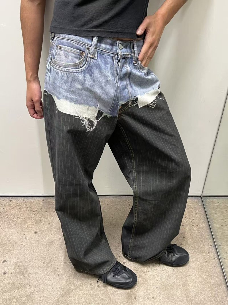 Contrast Layered Patchwork Jeans - Light Blue & Charcoal