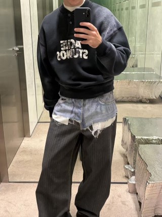Contrast Layered Patchwork Jeans - Light Blue & Charcoal view 3