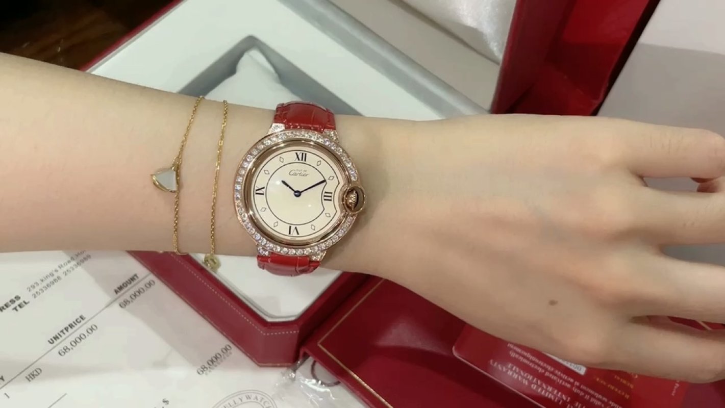 Cartier Ballon Bleu Red Leather Diamond Bezel Watch