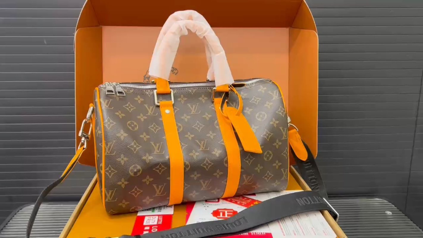 Louis Vuitton Monogram Canvas Travel Duffel Bag Grey Orange