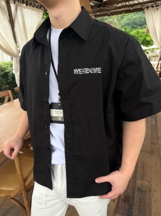 Black Short Sleeve Button-Up Shirt with Chest Graphic