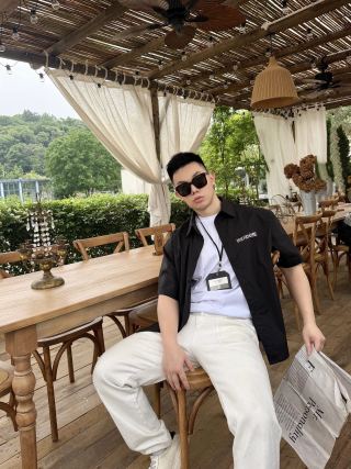 Black Short Sleeve Button-Up Shirt with Chest Graphic view 2