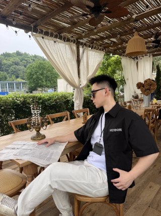 Black Short Sleeve Button-Up Shirt with Chest Graphic view 4