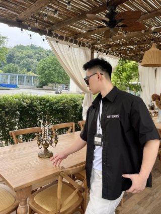 Black Short Sleeve Button-Up Shirt with Chest Graphic view 8