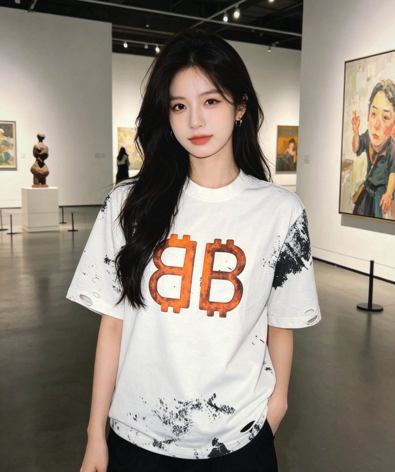 White Oversized Graphic T-Shirt with Orange BB Logo & Distressed Details view