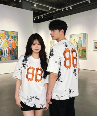 White Oversized Graphic T-Shirt with Orange BB Logo & Distressed Details view 7