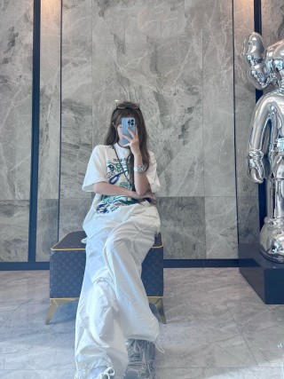 White Graphic Print Oversized T-Shirt with Blue & Green Design view 5