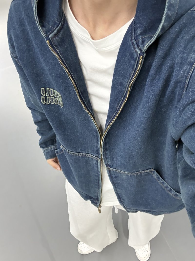 Vintage Wash Denim Zip Jacket Navy Blue