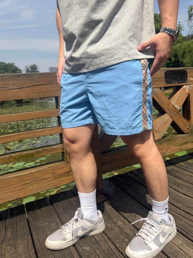 Sky Blue Nylon Shorts with Checkered Tape Detail