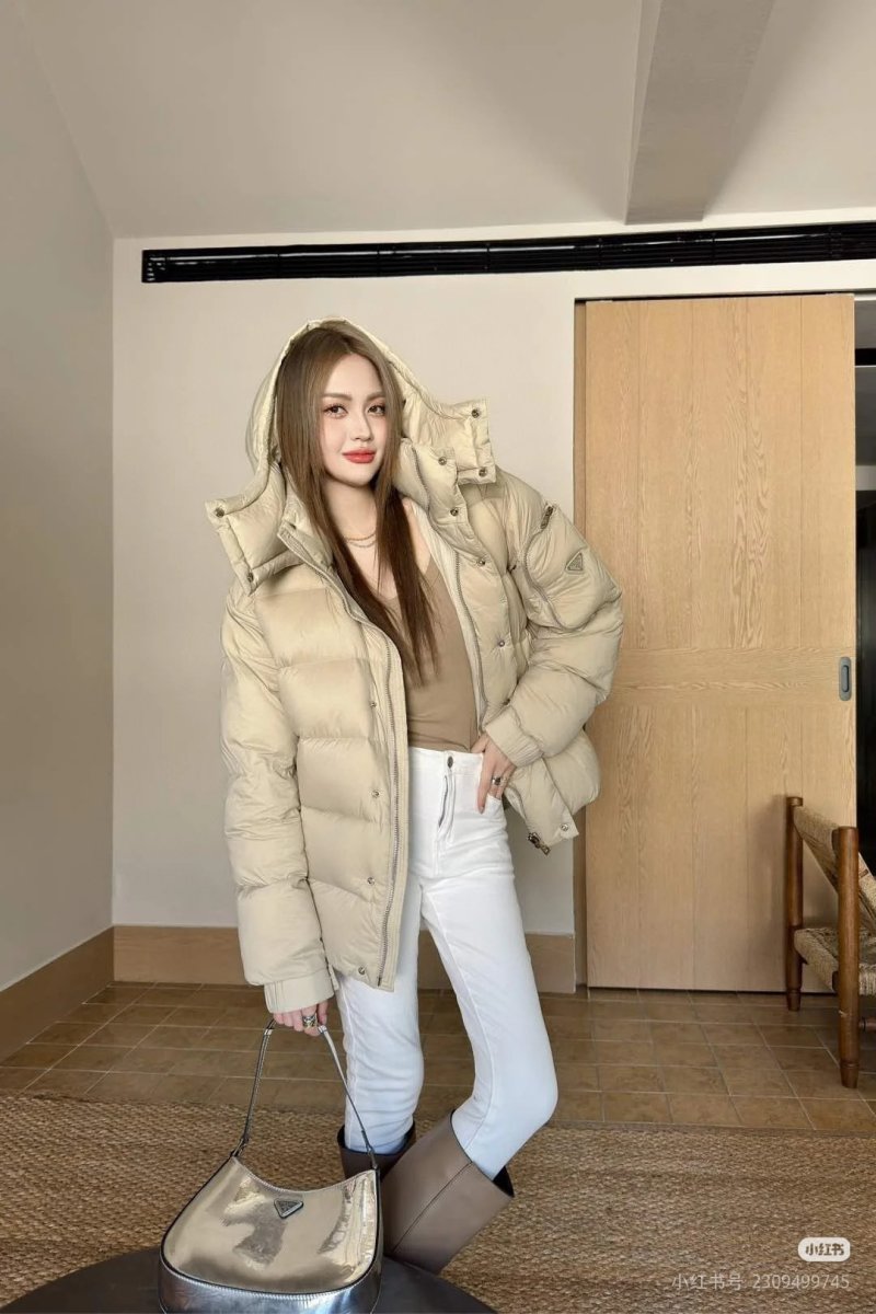 Cream Puffer Down Jacket with Hood