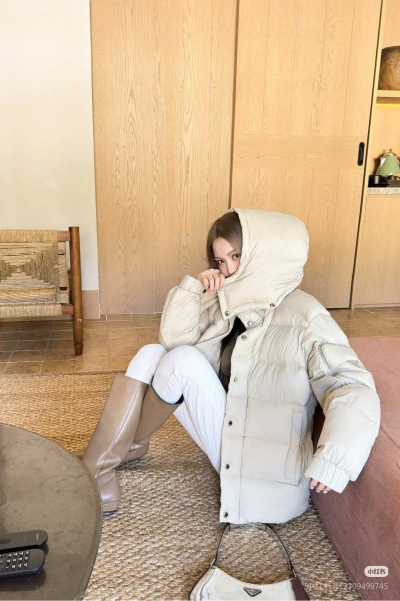 Cream Puffer Down Jacket with Hood view