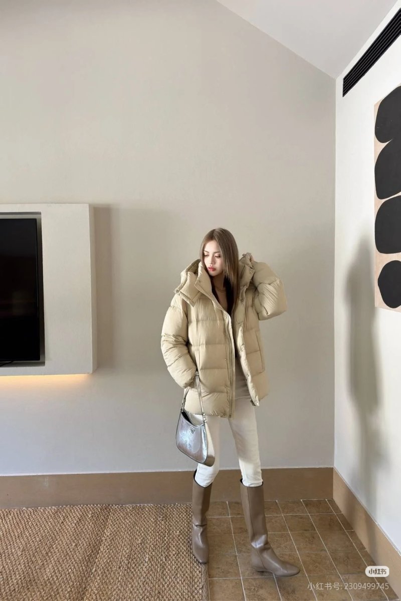 Cream Puffer Down Jacket with Hood view