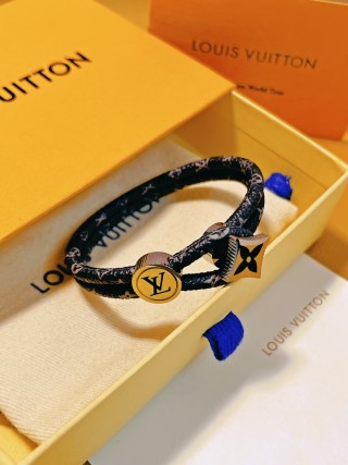 Louis Vuitton Logo & Monogram Leather Bracelet Black view 3