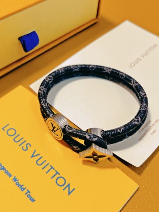 Louis Vuitton Logo & Monogram Leather Bracelet Black view 5