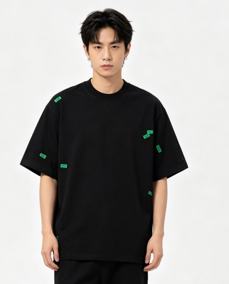 Essentials Black T-Shirt with Neon Green Logo Labels view