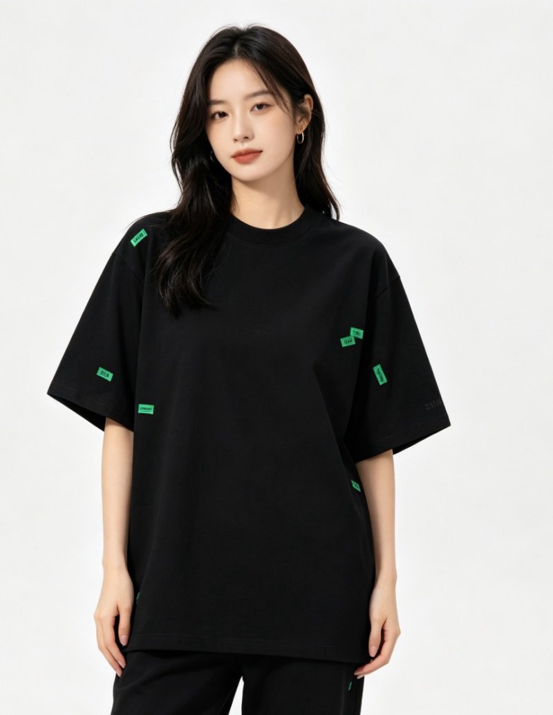 Essentials Black T-Shirt with Neon Green Logo Labels view