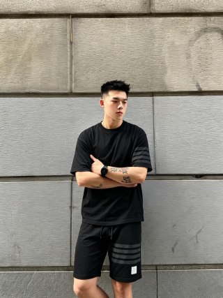 Essentials Black Short Sleeve T-Shirt with Striped Sleeves view 5