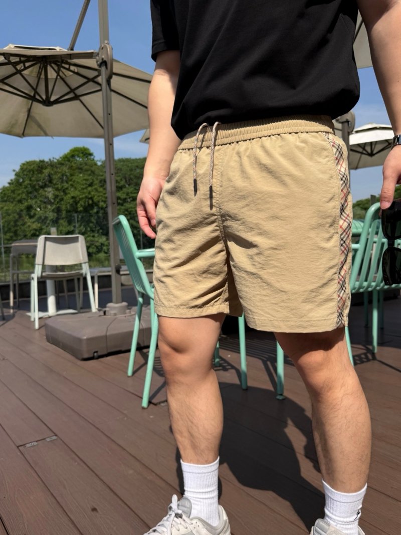 Beige Nylon Shorts with Checkered Side Stripe