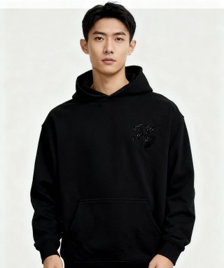 Black Embellished Hoodie with Chest Print