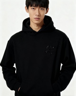 Black Embellished Hoodie with Chest Print view 2