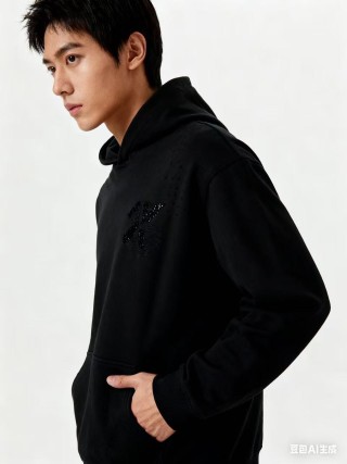 Black Embellished Hoodie with Chest Print view 3