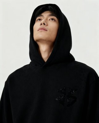 Black Embellished Hoodie with Chest Print view 4