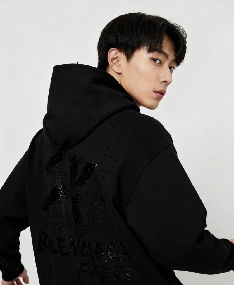 Black Embellished Hoodie with Chest Print view