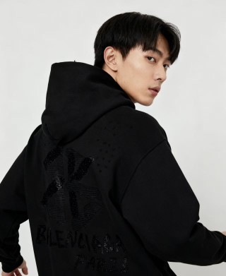 Black Embellished Hoodie with Chest Print view 5